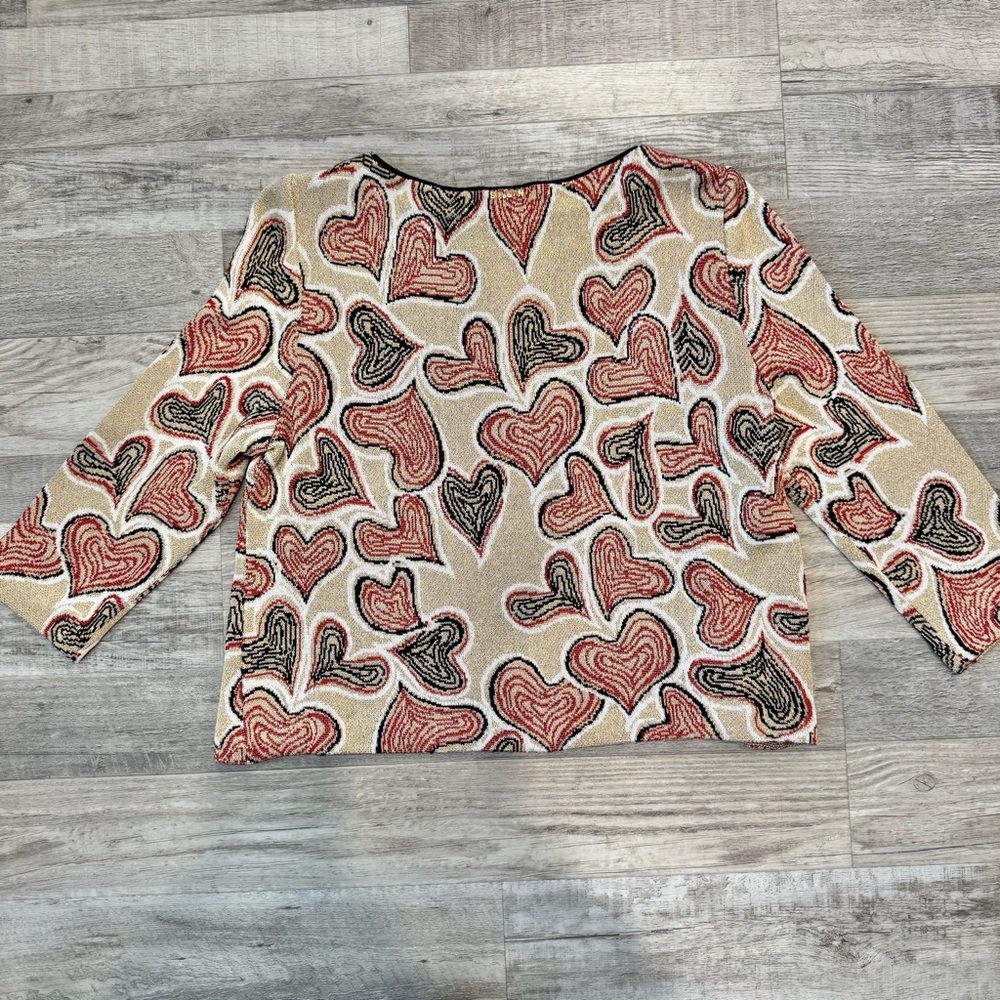 St John Sport gold red black heart print 3/4 sleeve sweater women’s small E32 - Picture 6 of 9